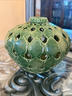 Vintage Green Leaf Reticulated Glazed Ceramic Lantern Vase
